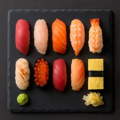 GPT Image 1 — A perfectly plated sushi omakase on a black slate 