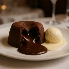 GPT Image 1 — A dripping chocolate lava cake cut open on a white