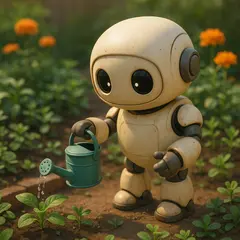 GPT Image 1 — A 3D render of a cute robot watering plants in a m