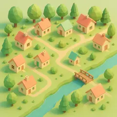 GPT Image 1 — An isometric low-poly village with tiny houses, tr