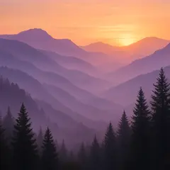 GPT Image 1 — A misty mountain range at sunrise, layers of purpl