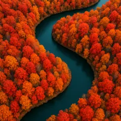 GPT Image 1 — An aerial view of a winding river through autumn f