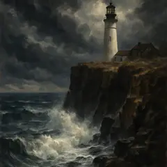 GPT Image 1 — A coastal cliff with crashing waves below, lightho