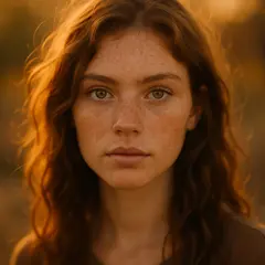 GPT Image 1 — A young woman with freckles and green eyes, golden