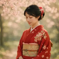 GPT Image 1 — A Japanese woman in a red kimono standing under ch