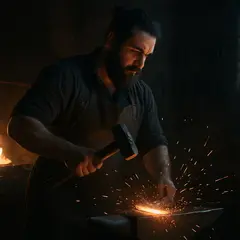 GPT Image 1 — A bearded blacksmith in a dark workshop, sparks fl