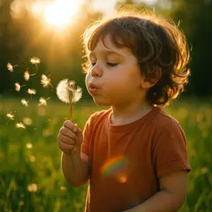 GPT Image 1 — A child blowing dandelion seeds in a sunlit meadow