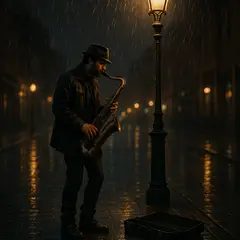 GPT Image 1 — A street musician playing saxophone under a lamppo