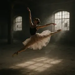 GPT Image 1 — A ballet dancer mid-leap in an abandoned warehouse
