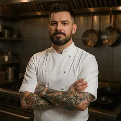 GPT Image 1 — A tattooed chef in a white coat, arms crossed, con