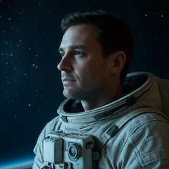 GPT Image 1 — An astronaut without a helmet, face lit by Earth g
