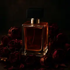GPT Image 1 — A bottle of amber perfume on a bed of dried roses,