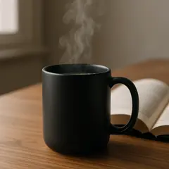 GPT Image 1 — A matte black coffee mug with steam rising, placed
