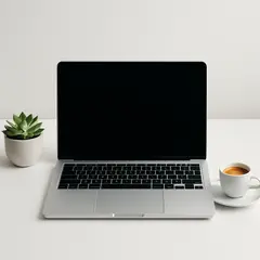 GPT Image 1 — A sleek laptop on a clean white desk with a potted