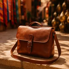 GPT Image 1 — A leather messenger bag on a sun-dappled step in a