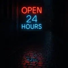 GPT Image 1 — A glowing neon sign reading OPEN 24 HOURS in a dar