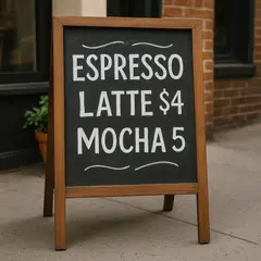 GPT Image 1 — A hand-lettered chalkboard menu outside a coffee s