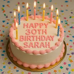 GPT Image 1 — A birthday cake with HAPPY 30TH BIRTHDAY SARAH wri