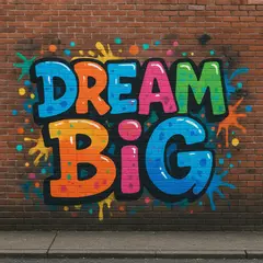 GPT Image 1 — A graffiti mural on a brick wall spelling DREAM BI