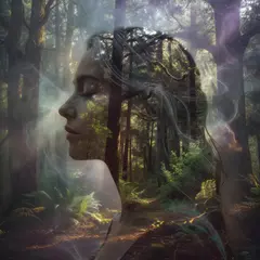 Grok Imagine — A double exposure photograph combining a forest wi