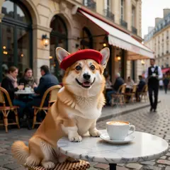 Grok Imagine — A corgi wearing a red beret sitting in a Parisian 