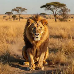 Grok Imagine — A majestic lion with a full mane, golden savanna b