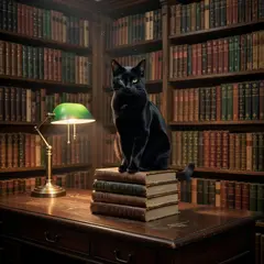 Grok Imagine — A black cat sitting on a stack of old books in a c