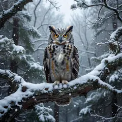 Grok Imagine — An owl perched on a snow-covered branch, intense a