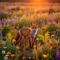Grok Imagine — A fox in a field of wildflowers, backlit by sunset