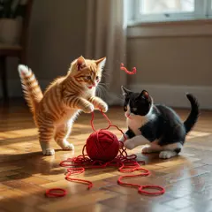 Grok Imagine — Two kittens playing with a ball of red yarn on a h