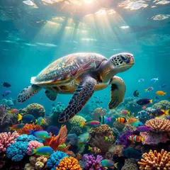 Grok Imagine — A giant sea turtle swimming over a coral reef, und