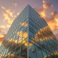 Grok Imagine — A modern glass skyscraper reflecting clouds at sun