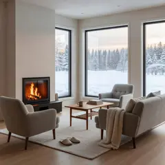 Grok Imagine — A cozy Scandinavian living room with a fireplace, 