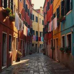 Grok Imagine — A narrow cobblestone alley in Venice with colorful