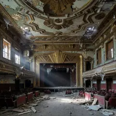Grok Imagine — An abandoned Art Deco theater with peeling gold pa