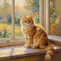 Grok Imagine — A cat sitting on a windowsill, impressionist oil p