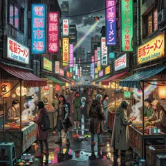 Grok Imagine — A cyberpunk street market in Tokyo, anime style, n
