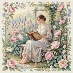 Grok Imagine — A woman reading a book in a garden, watercolor pai
