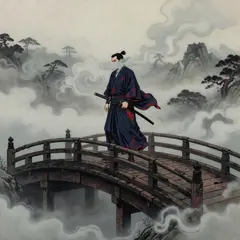 Grok Imagine — A lone samurai standing on a misty bridge, ukiyo-e
