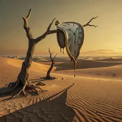 Grok Imagine — A surreal melting clock draped over a barren tree 