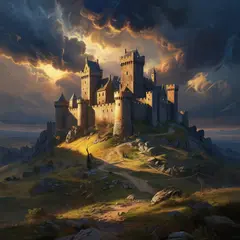 Grok Imagine — A medieval castle on a hilltop, fantasy art style,