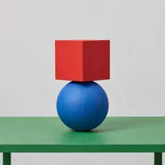Grok Imagine — A red cube on top of a blue sphere, both sitting o