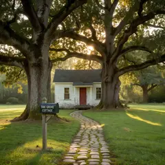 Grok Imagine — A small house between two tall trees, with a path 