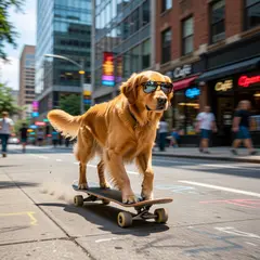 Grok Imagine — A dog wearing sunglasses riding a skateboard down 