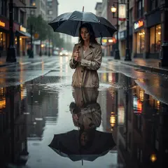 Grok Imagine — A woman holding an umbrella in the rain, reflected