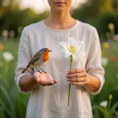 Grok Imagine — A bird perched on the left hand of a person, the r