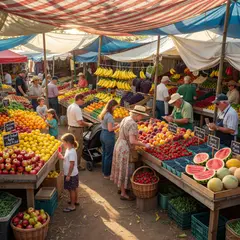 Grok Imagine — A busy farmer's market scene with at least six dif