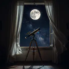 Grok Imagine — A telescope pointing at the moon through an open w