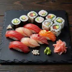 Grok Imagine — A perfectly plated sushi omakase on a black slate 