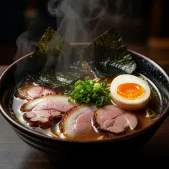 Grok Imagine — A steaming bowl of ramen with chashu pork, soft-bo